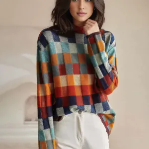 Adalynn™ | Colourful turtleneck jumper with patchwork knit pattern