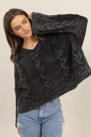 Bohemian Charcoal Black Cable Knit V-Neck Dropped Shoulder Oversized Sweater