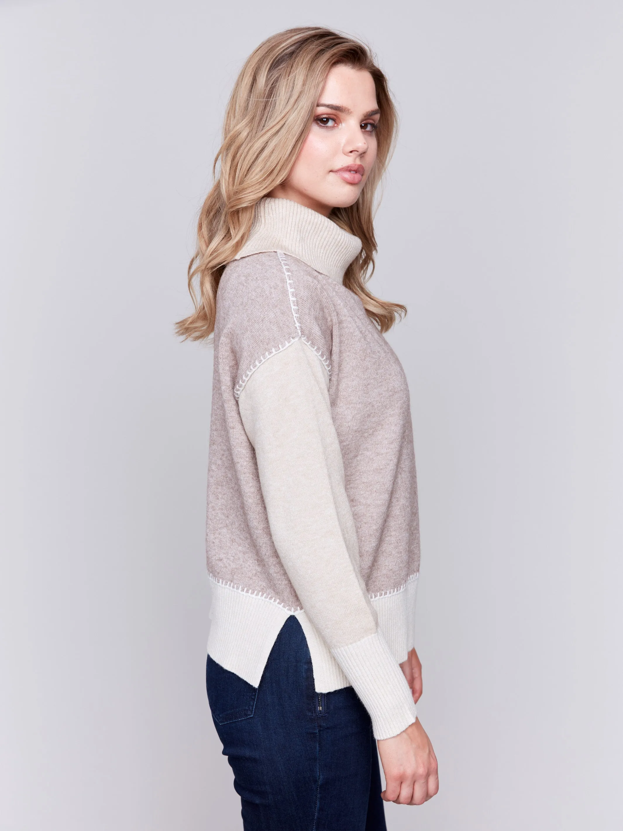 Color Block Turtleneck Sweater - Beige - H-Beige