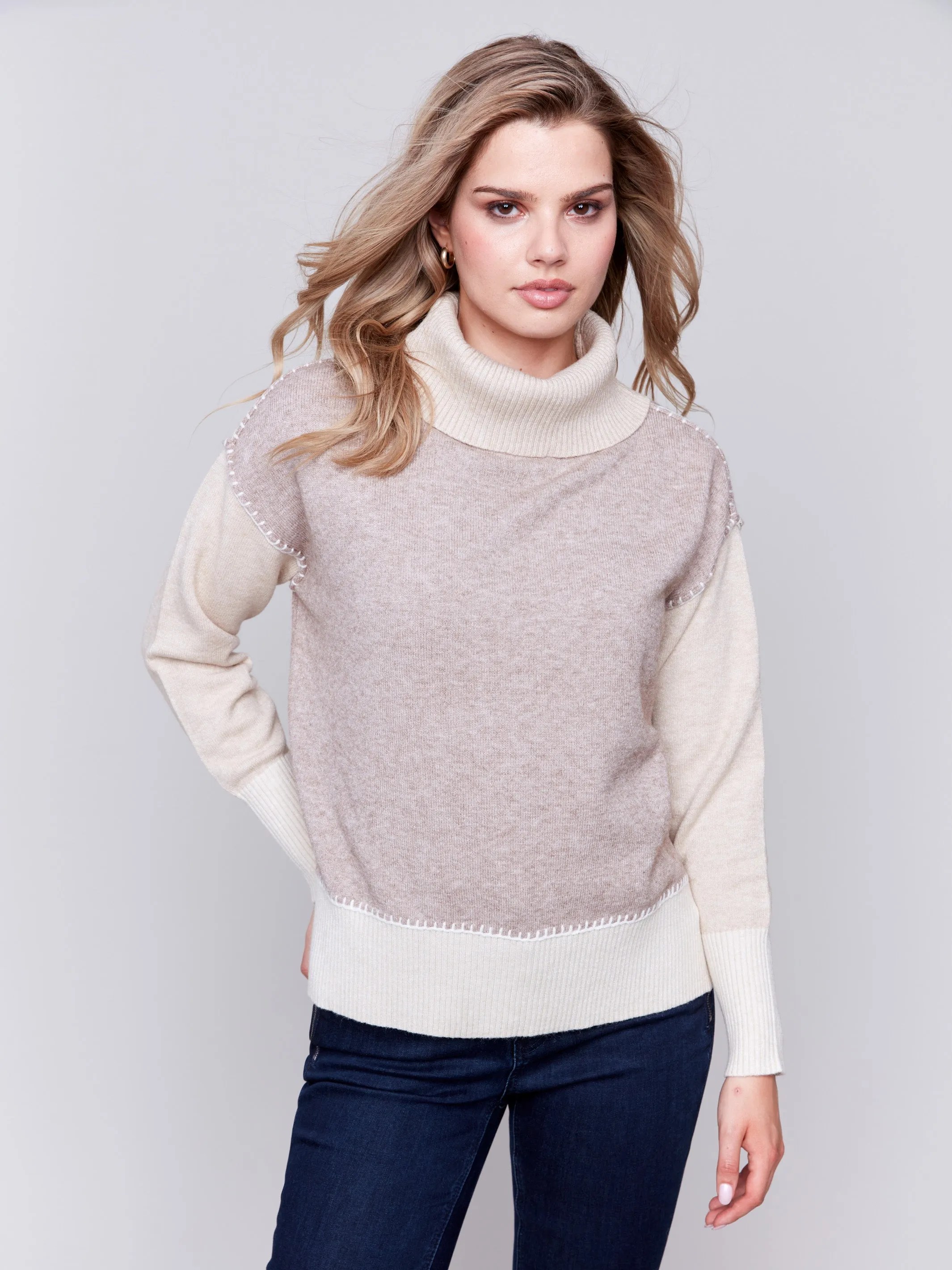 Color Block Turtleneck Sweater - Beige - H-Beige