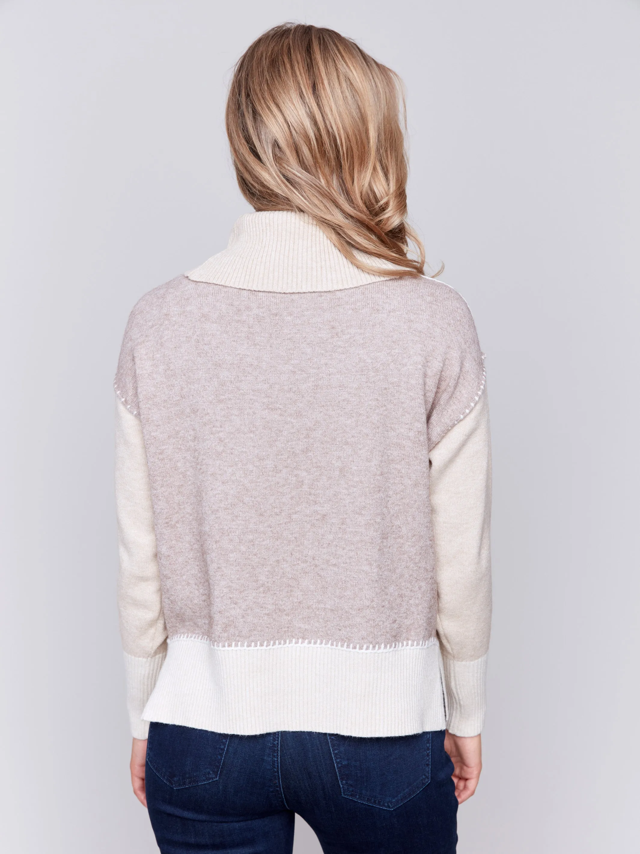 Color Block Turtleneck Sweater - Beige - H-Beige