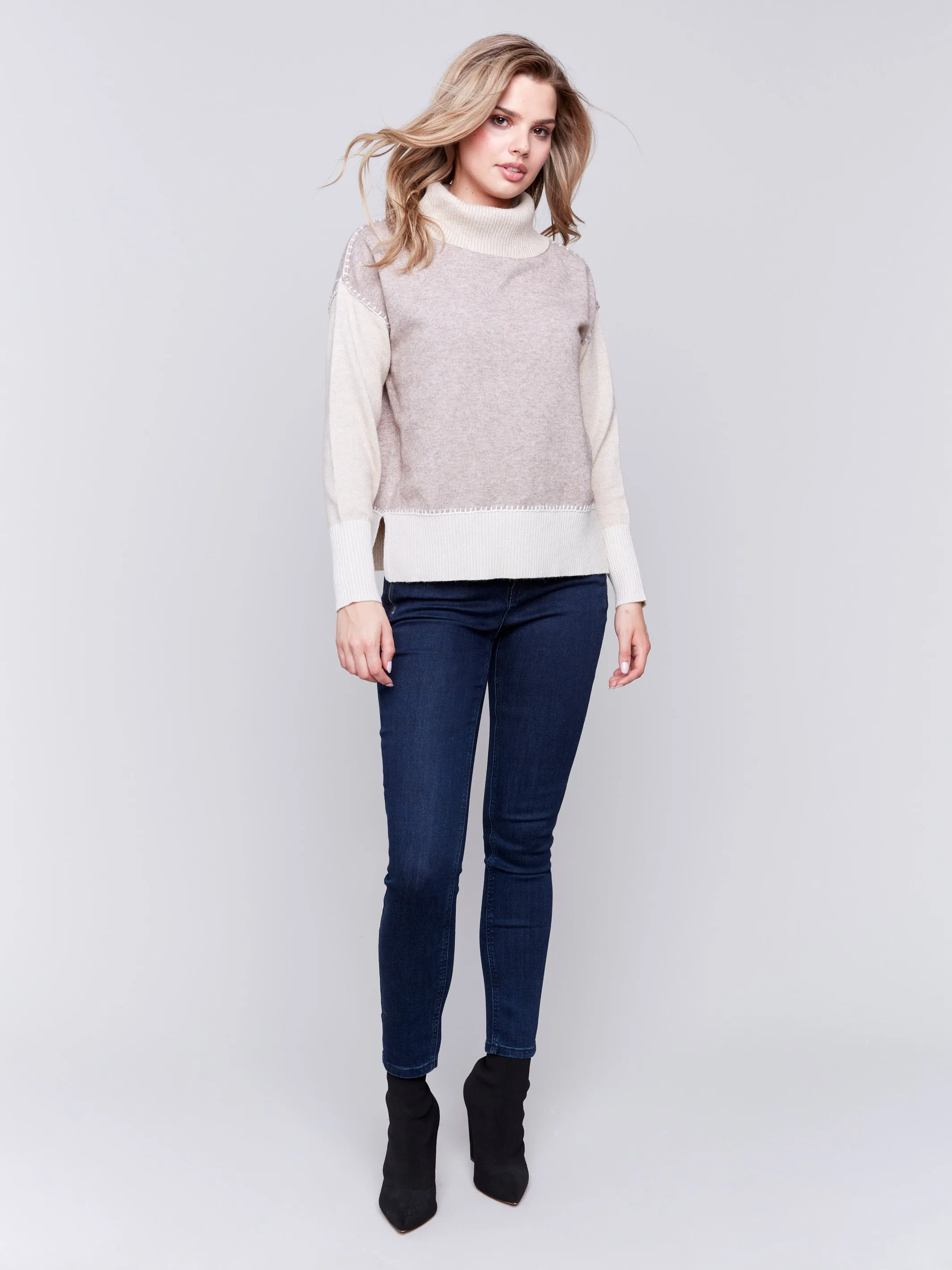 Color Block Turtleneck Sweater - Beige - H-Beige