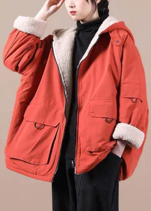 Fashion Orange hooded zippered Pockets Loose Winter parkas Coat