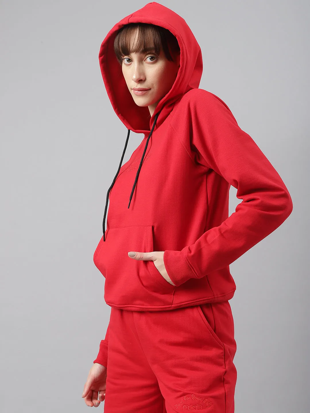 Fitkin Women Red Fleece Regular Fit Hooded Sweatshirt