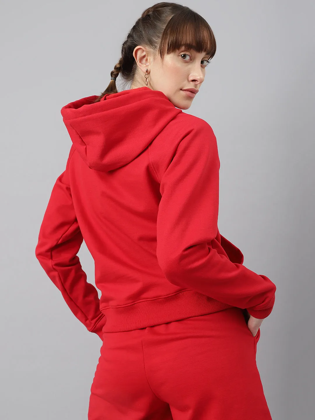 Fitkin Women Red Fleece Regular Fit Hooded Sweatshirt