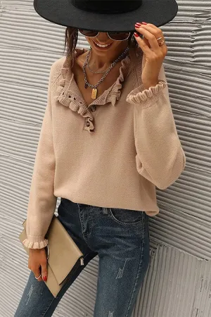 Long Sleeve Button Down Ruffle Knit Pullover Sweater Tops