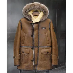 Men's Shearling Bomber Hooded Mink Fur Leather Long Jacket Coat