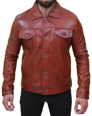 Mens Vintage Classic Brown Leather Trucker Jacket