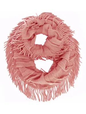 Salmon Pink Soft Knit Ruffle Loop Scarf With Fringe