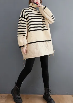 Unique Beige Turtle Neck Striped Patchwork Knit Coat Winter