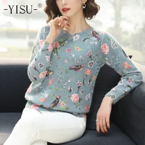 Women 2020  Autumn Winter Sweater Fashion Floral bird pattern Pullover Casual Loose long Sleeves sweater