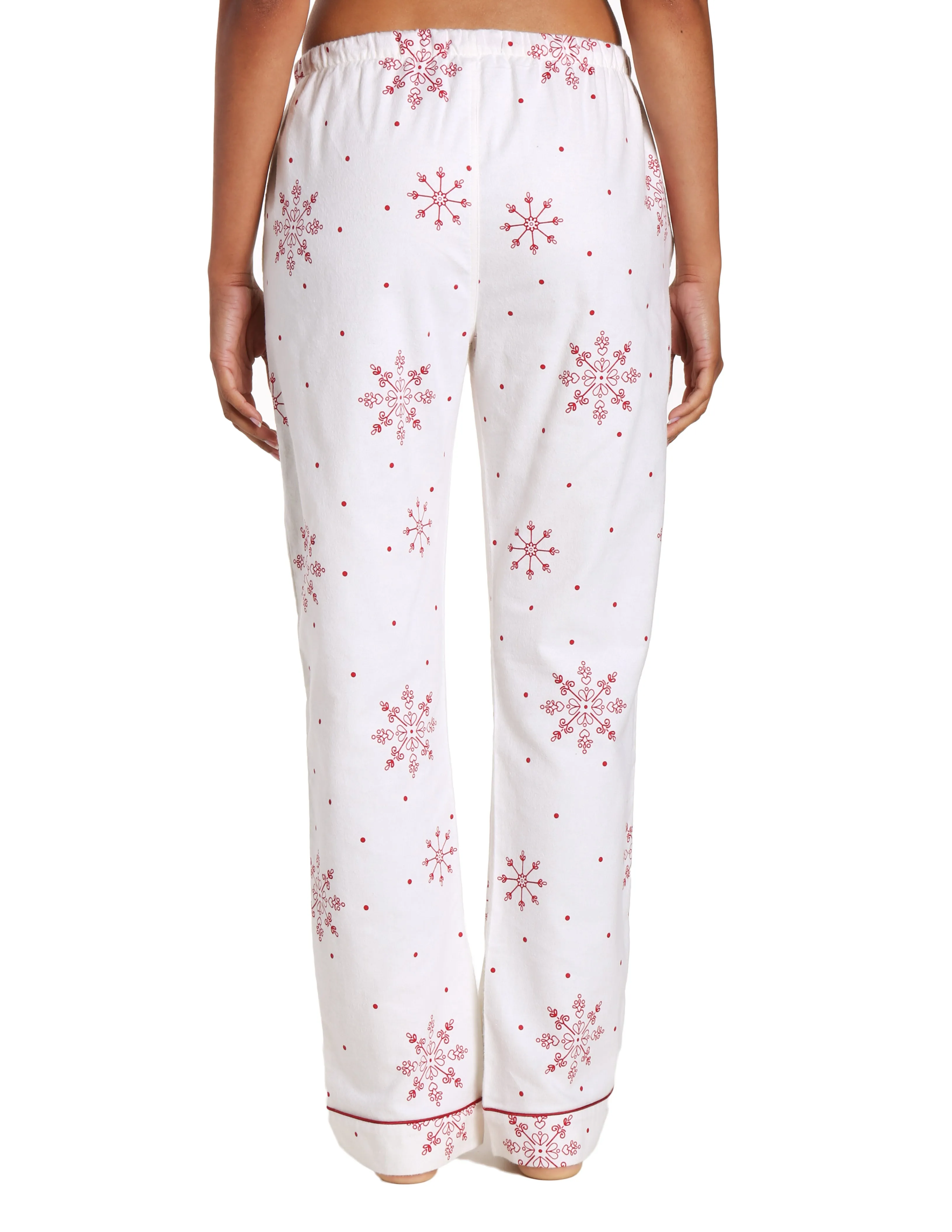 Womens 100% Cotton Flannel Lounge Pants - Lovely Snowflakes White-Red