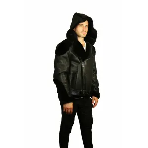 Zooloo Men's Sheepskin Shearling Moto Jacket with Hood